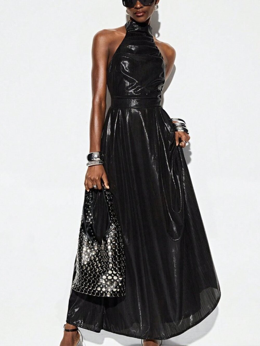 Black Metallic Women's Party Halter Backless Fitted Long Dress